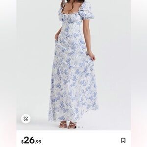Blue and White Puff Sleeve Maxi Sundress